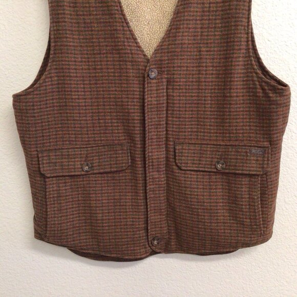 Woolrich Teton Vest Mens Large Wool Blend Sherpa Lined Brown Houndstooth Zip - Picture 8 of 11